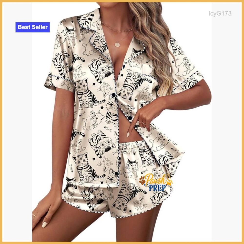 Silk Satin Pajama Set Short Sleeve Lounge Wear Button Down Top Slim Fit